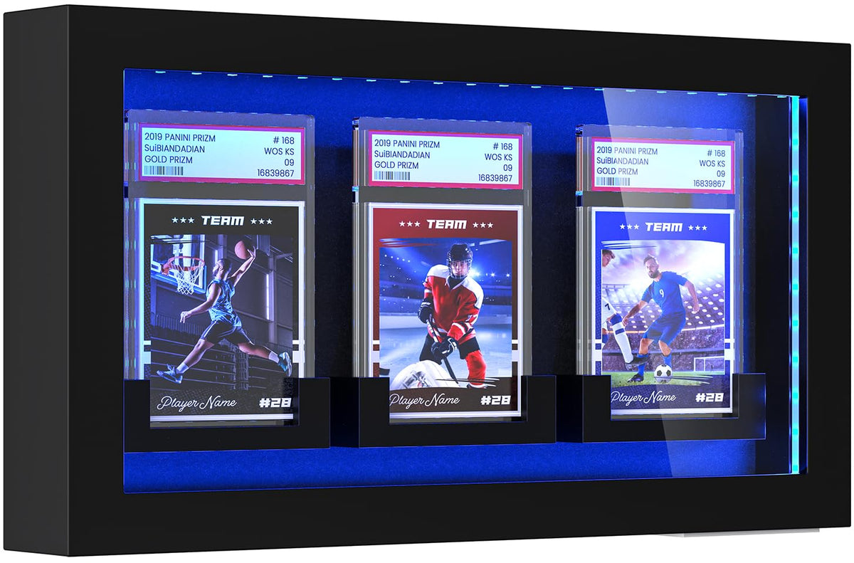 TJ.MOREE Card Display Case with LED Light Baseball Card Display Case 3 Graded Sport Card Display Case Wall Mount for Baseball Football Basketball Hockey Trading Card Collection Black