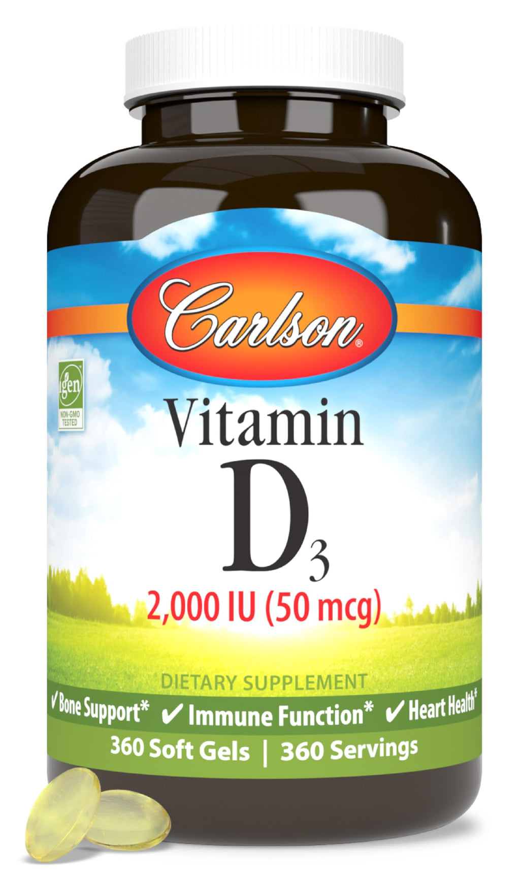 Carlson - Vitamin D3 2000 IU (50 mcg) Bone & Immune Health Vitamin D Supplements Cholecalciferol Supplement Gluten Free Vitamin D Capsules 360 Softgels