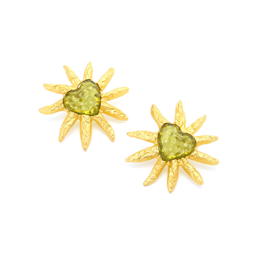 Vintage Heart Sunflower Earrings with Silver Pins for Women
