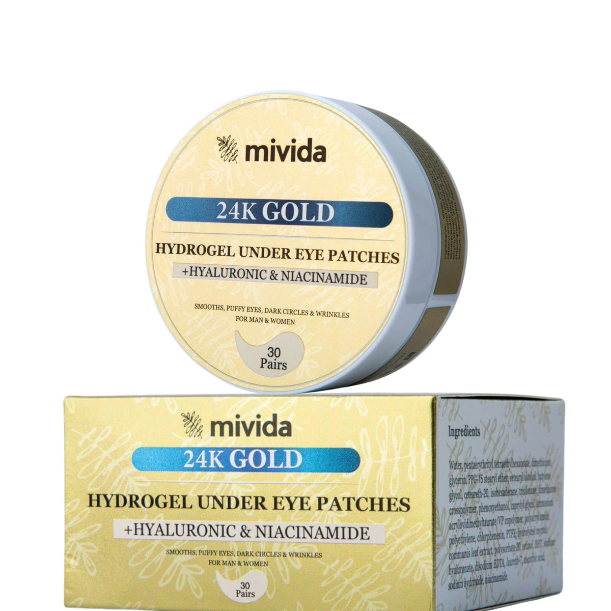 mivida Under Eye Patches 24K Gold with Hyaluronic-Acid•Niacinamide | Biodegradable 60 PCs for Under Eye Puffiness Dark Circles & Wrinkles