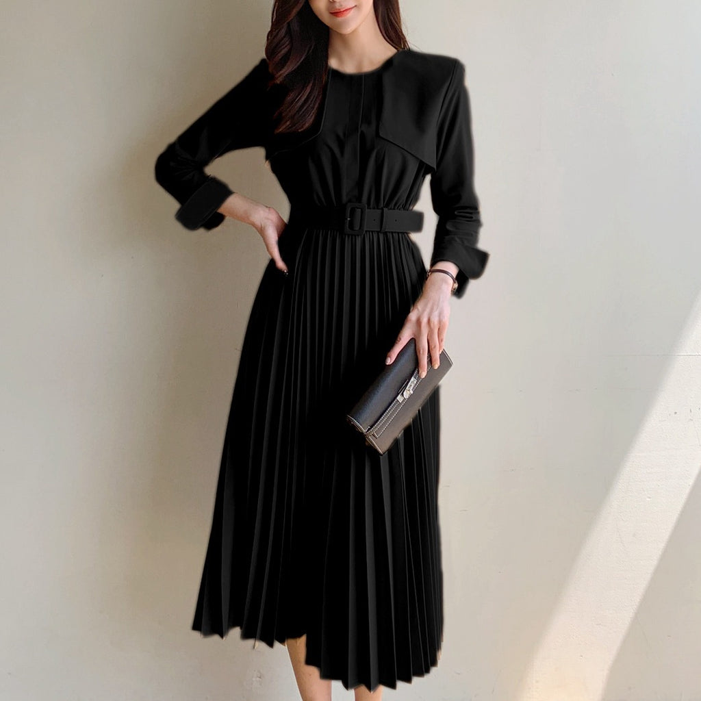 Chic Pleated Dress with Waist Tie Trench Coat