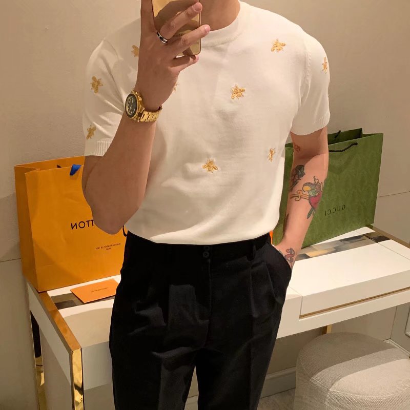 Men's Summer Knit T-Shirt with Bee Embroidery