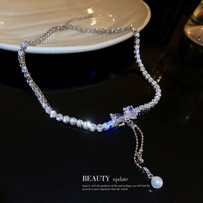 Korean Luxury Rhinestone Bow Pearl Tassel Necklace