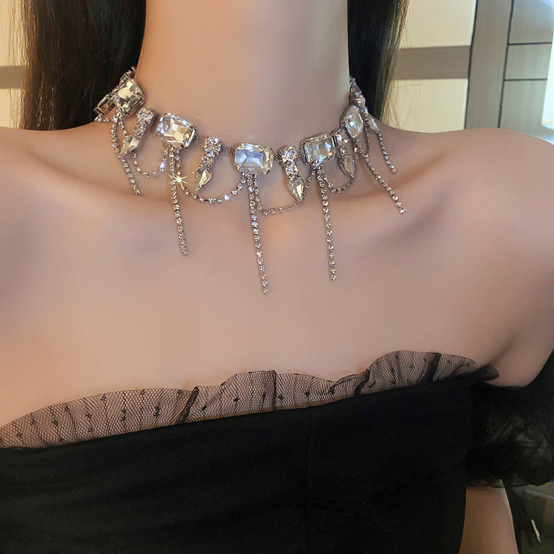 Exaggerated Rhinestone Tassel Necklace for Elegance