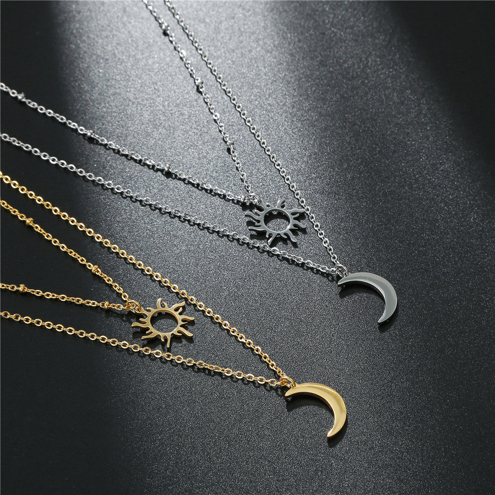 Stainless Steel Sun Moon Multi-Layer Necklace for Women