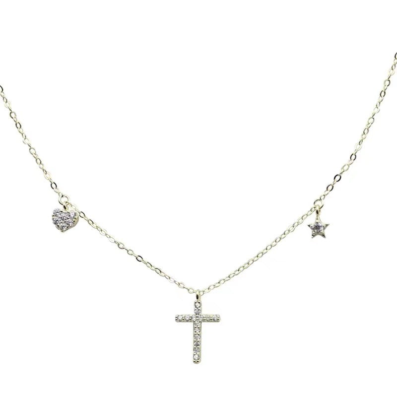 18K Champagne Gold Cross Heart Necklace for Women
