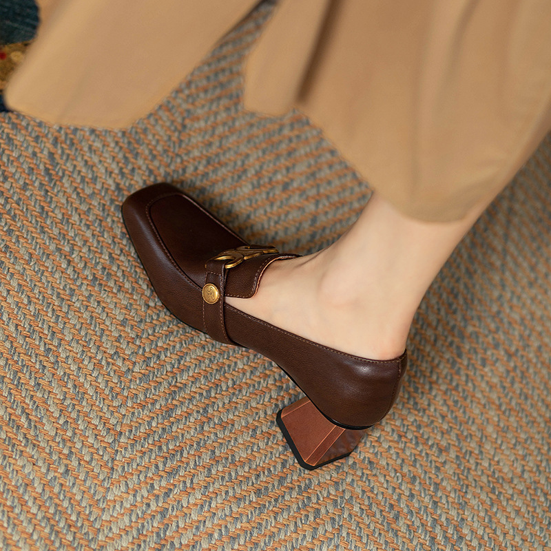 Retro Soft Leather Chunky Heel Women's Shoes