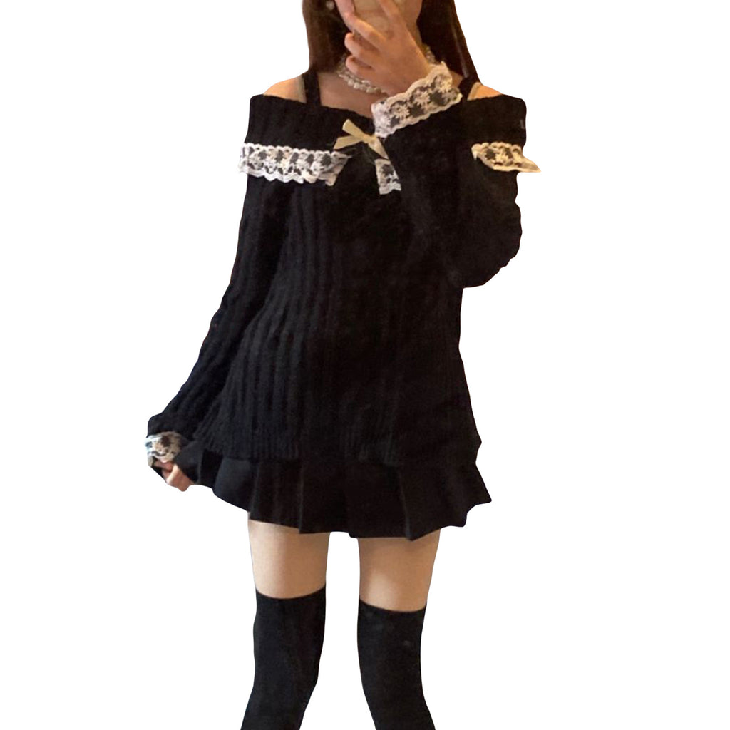 Solid Color Lace-Trim Off-Shoulder Knitted Sweater YF2348