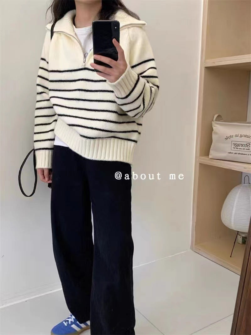 Korean Style Striped Knit Sweater with Half-Zip Collar