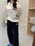 Korean Style Striped Knit Sweater with Half-Zip Collar