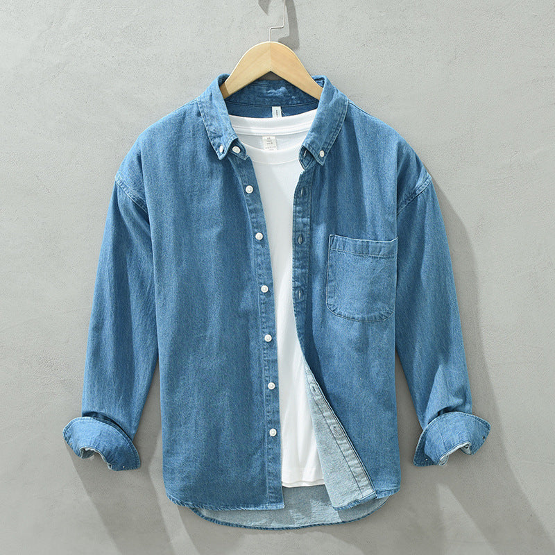 Men's Loose-Fit Vintage Blue Denim Shirt, Long Sleeve