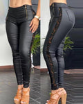 Lace-Trim Black Skinny Pants for Women - In Stock