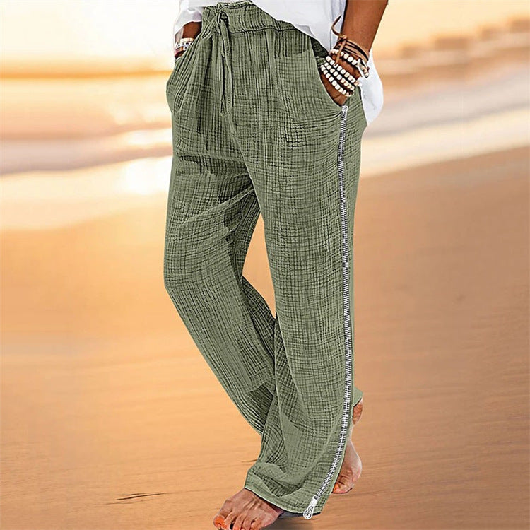 Men's Cotton Linen Beach Pants with Drawstring and Zipper