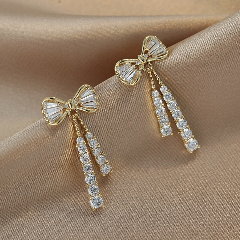 Fashionable Zircon Crystal Bow Earrings with Silver Hooks
