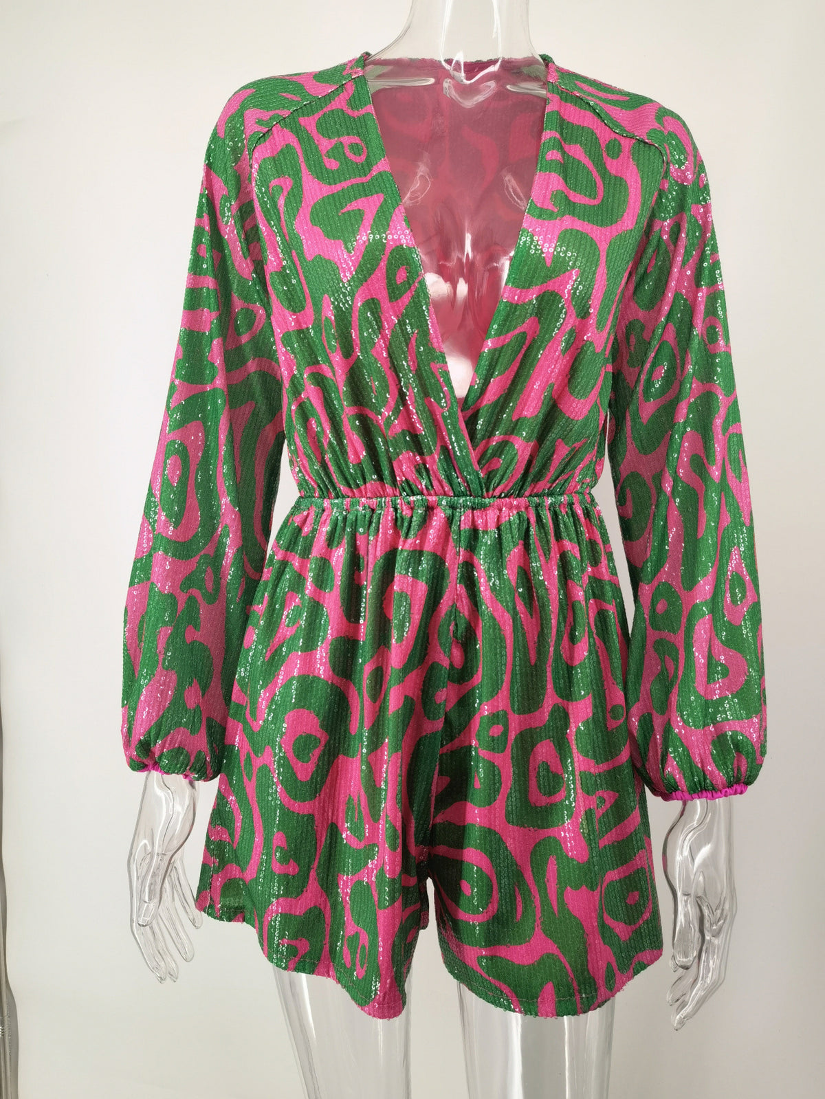 Digital Print Jumpsuit with Deep V Neck and Sequins