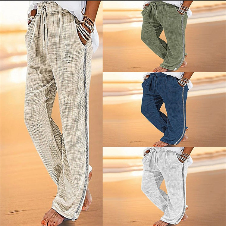 Men's Cotton Linen Beach Pants with Drawstring and Zipper