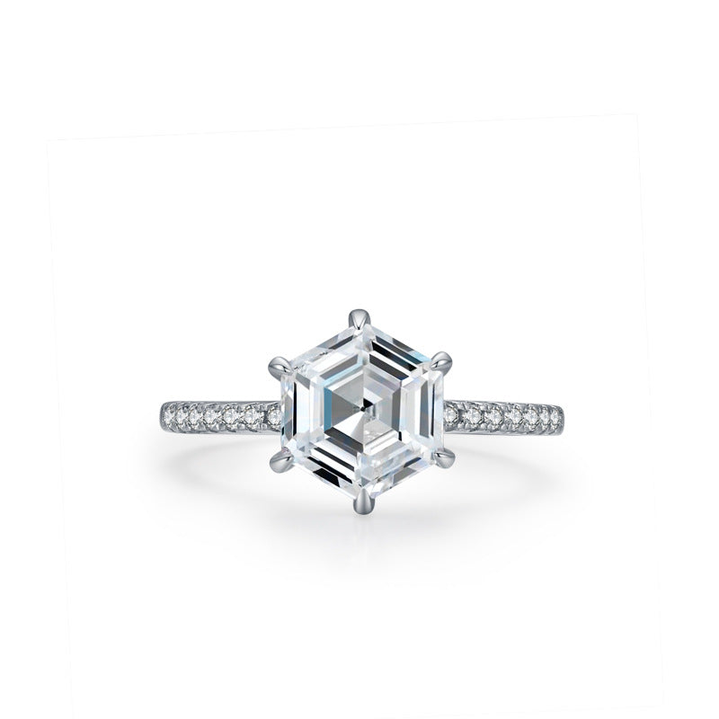 Korean Style S925 Silver Hexagon Simulated Diamond Ring