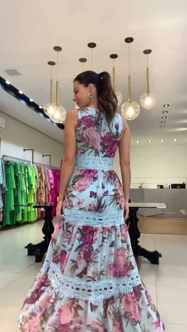 Fashion Floral Print V-Neck Lace-Up Maxi Dress