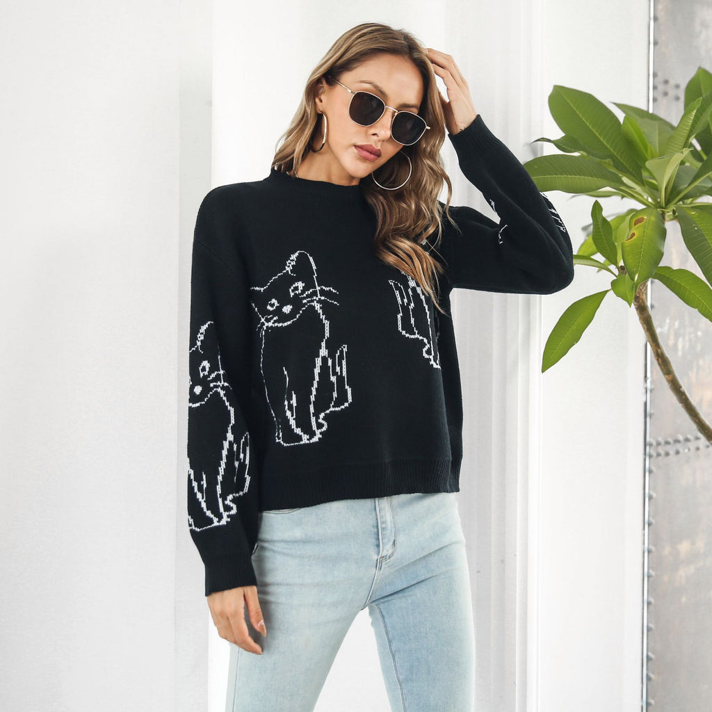 Loose-Fit Cat Pattern Sweater for Women, Fall/Winter