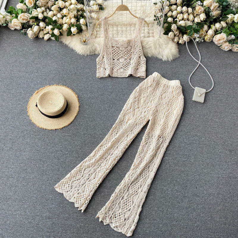 Hollow Lace Wide Leg Knit Pants and Crop Top Set