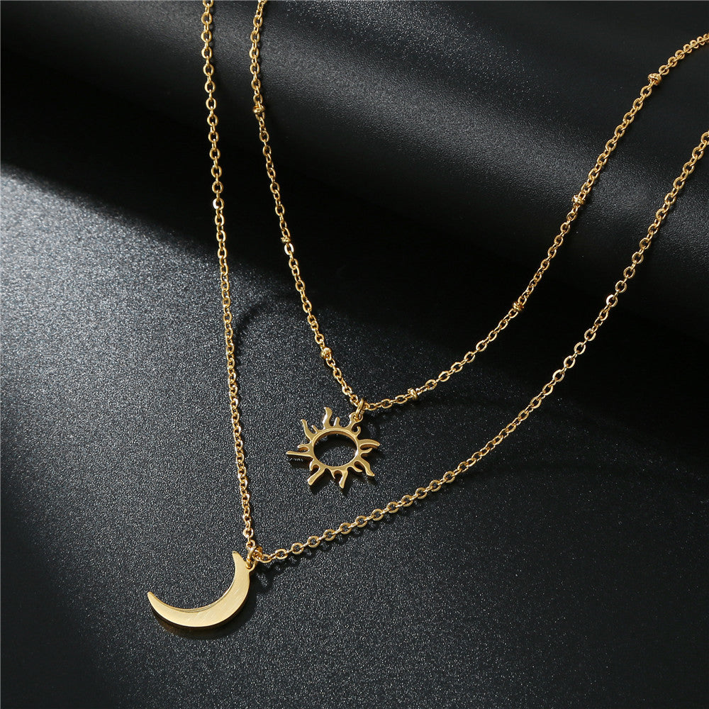 Stainless Steel Sun Moon Multi-Layer Necklace for Women
