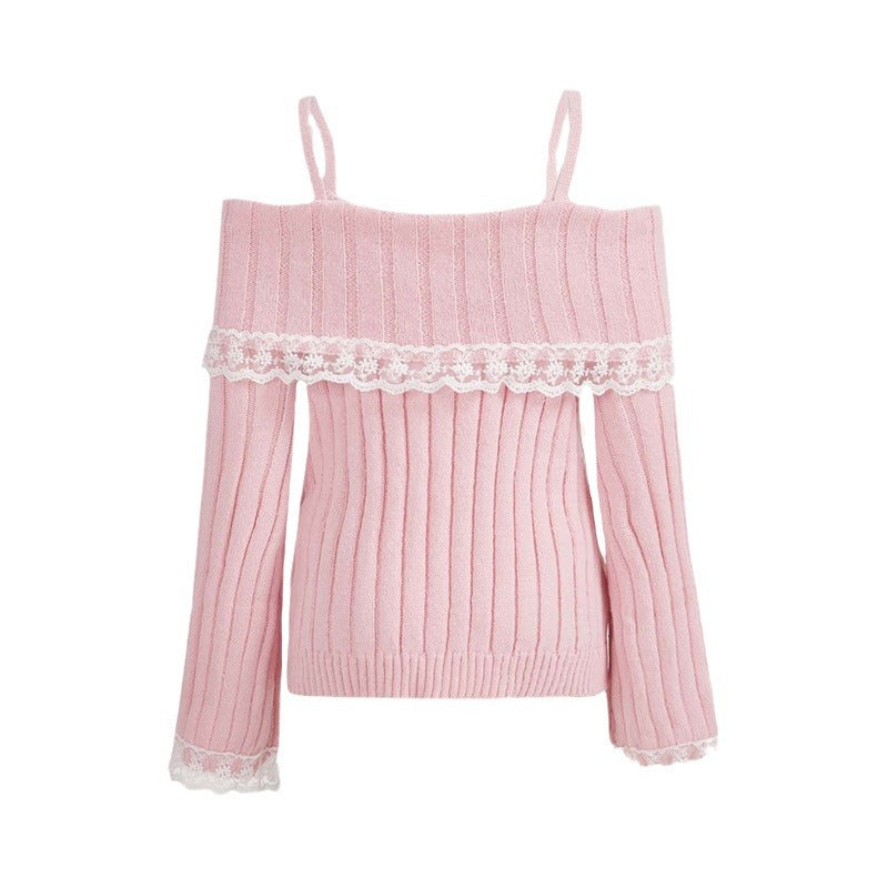 Solid Color Lace-Trim Off-Shoulder Knitted Sweater YF2348