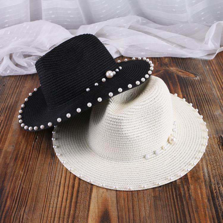 Korean Style Pearl Wide-Brim Straw Hat for Adults
